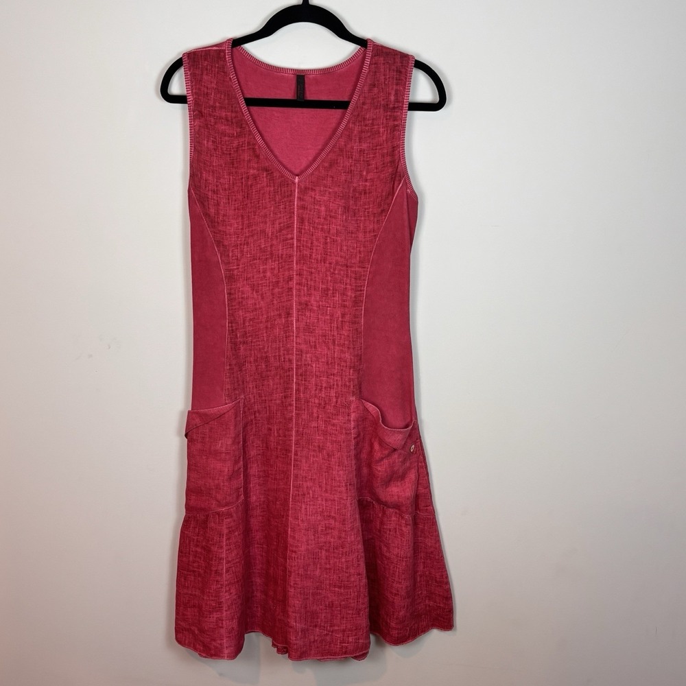 Inizio Womens Linen Cotton Red Lagenlook Pockets Artsy Boho Dress XL Italy